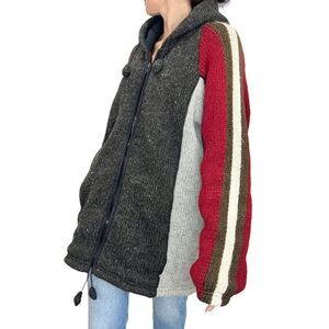 Made in Nepal 100% wool grey stripe hooded thick fleece lined sweater coat XL